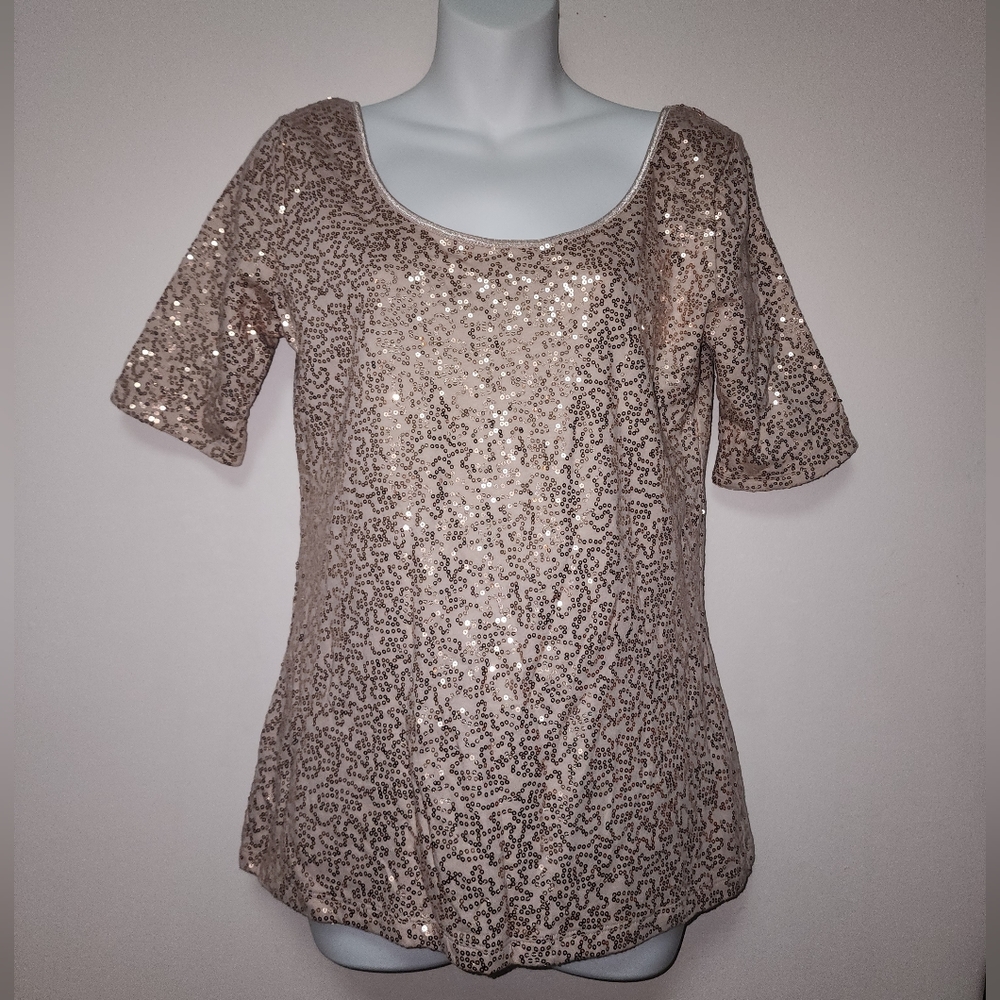 Banana Republic Taupe Swirl Pattern Sequin Top Sz M